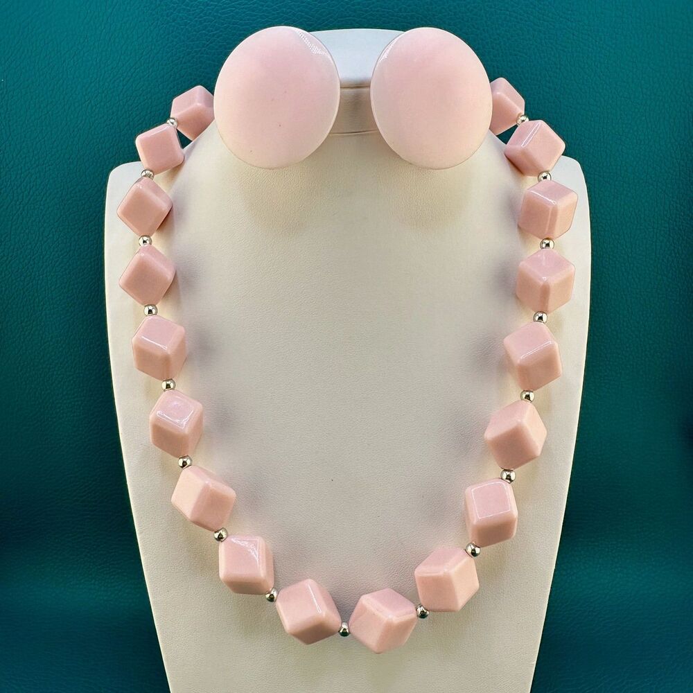 Vintage Necklace Clip Earrings Set Light Pink Acrylic Cube Bead Silver Tone 17.5